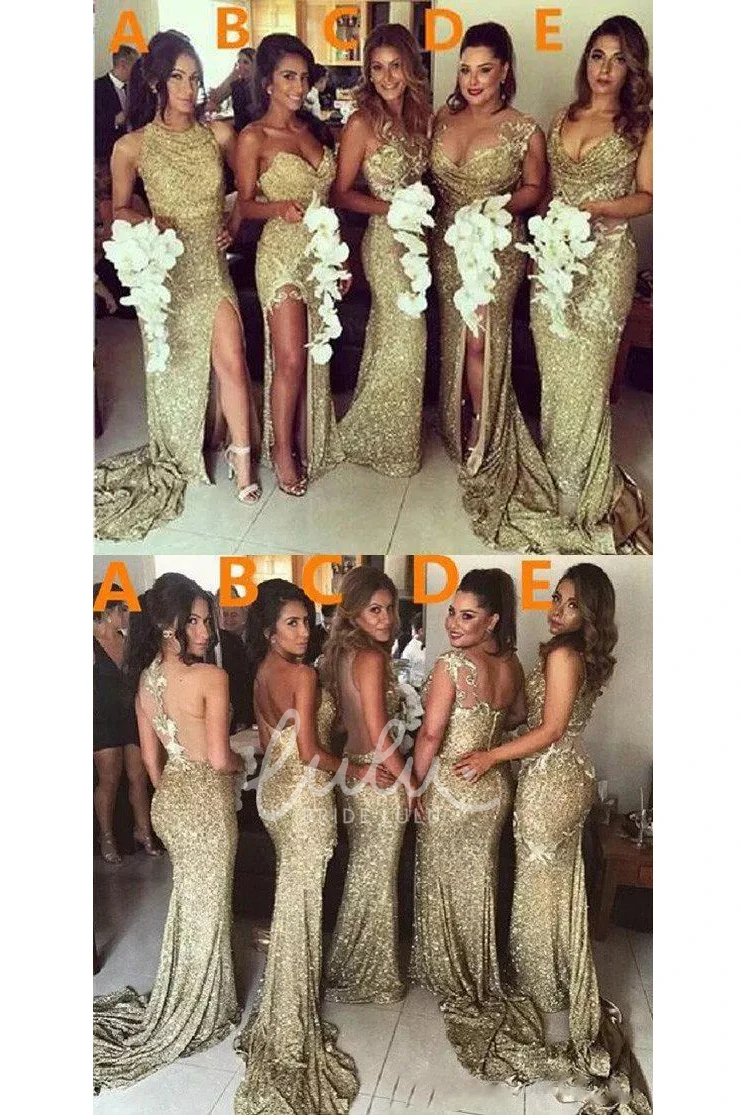 Sequin Sleeveless A-line Bridesmaid Dress with Split Front Halter Floor-length