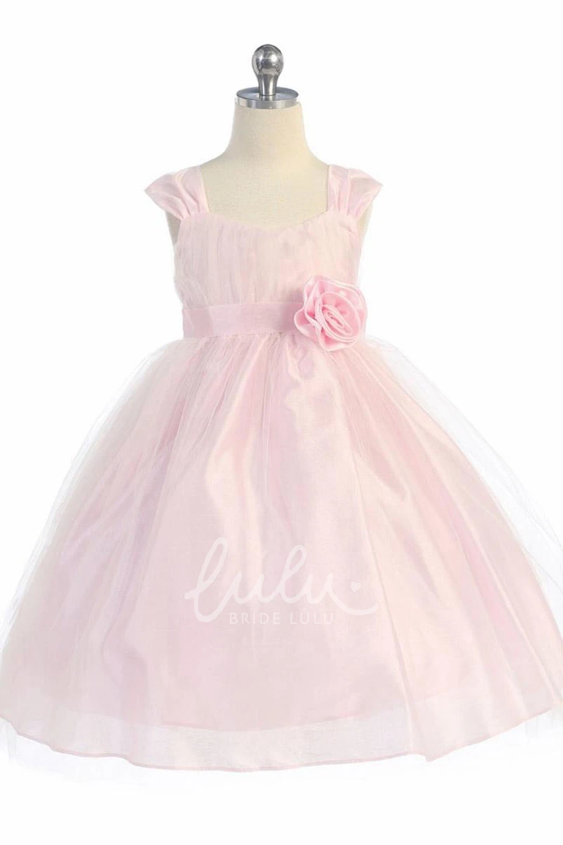 Empire Tulle Flower Girl Dress Tea-Length Tiered Style with Straps