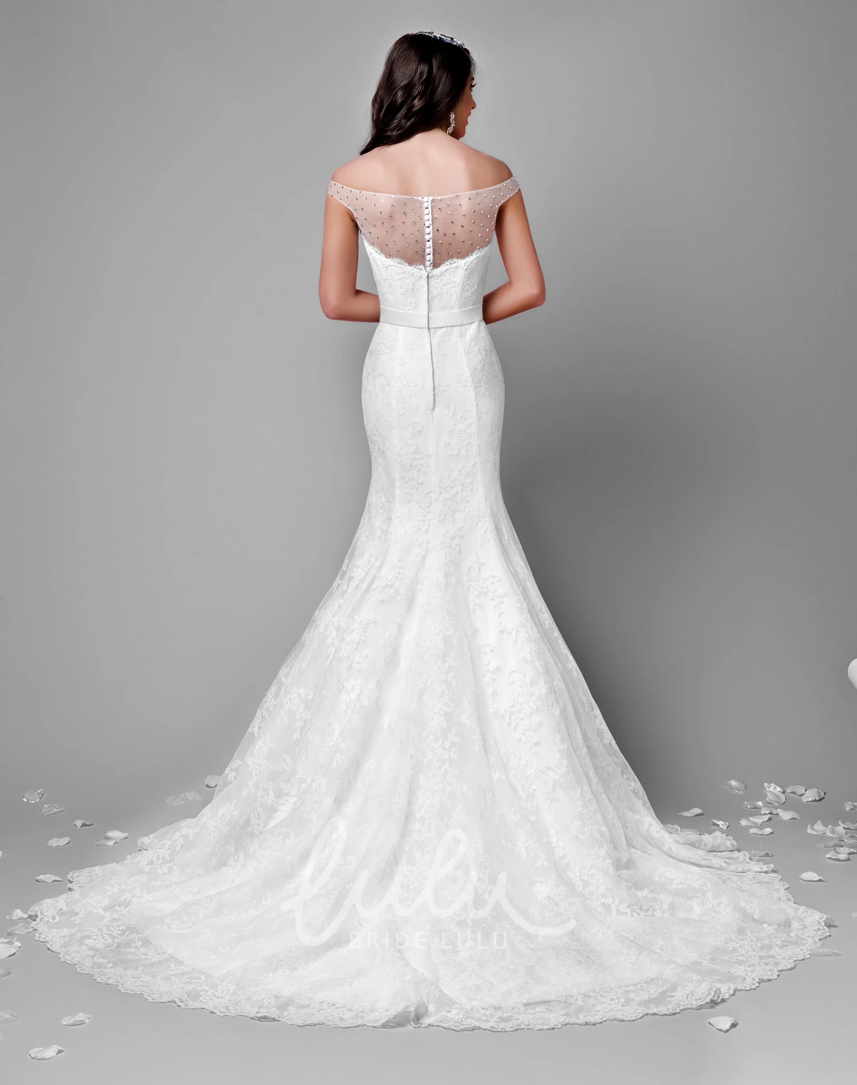 Sequin Illusion Back Off-The-Shoulder Lace A-Line Wedding Dress