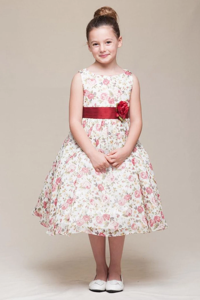Tiered Satin and Chiffon Tea-Length Flower Girl Dress