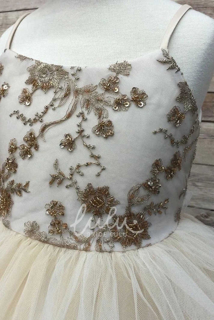 Spaghetti Midi Flower Girl Dress Beaded Tulle & Sequins Tiered Flowy