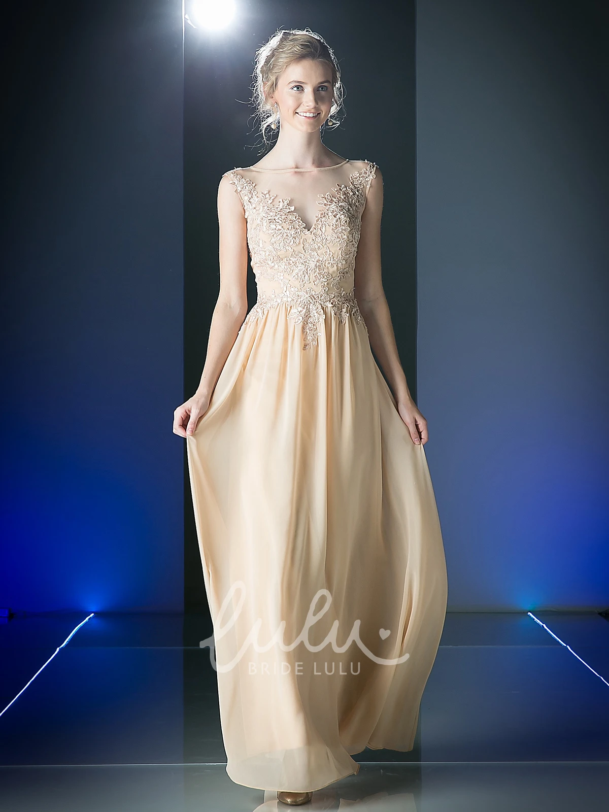Scoop-Neck Sleeveless Sheath Dress with Appliques and Illusion in Chiffon Fabric