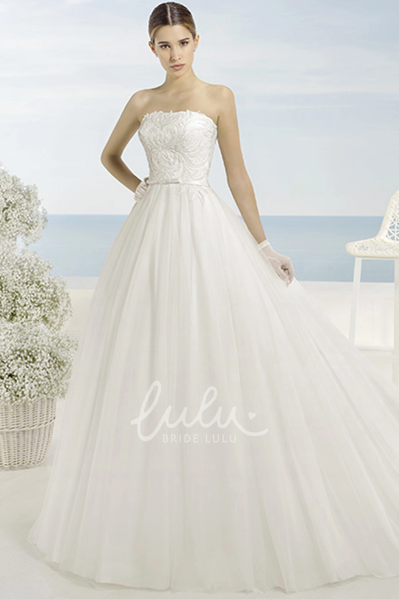 Maxi Strapless Tulle Wedding Dress with Chapel Train and Beaded Details A-Line Wedding Dress