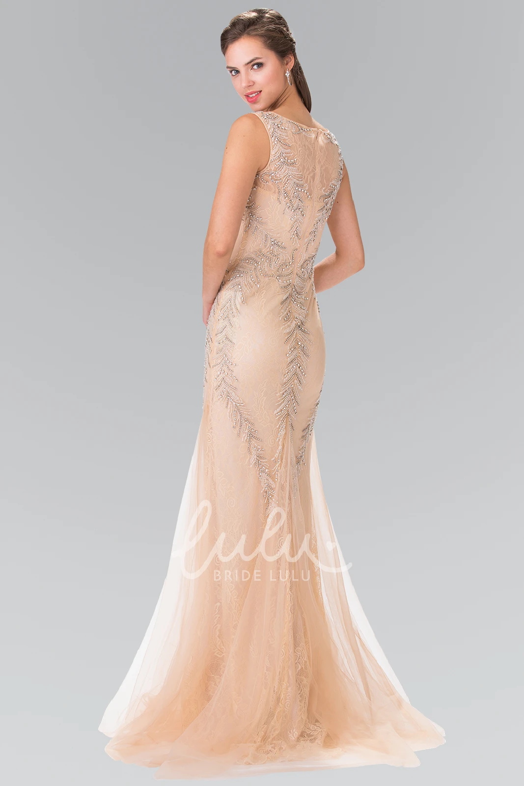 Sleeveless Mermaid Tulle Lace Illusion Formal Dress with Beading