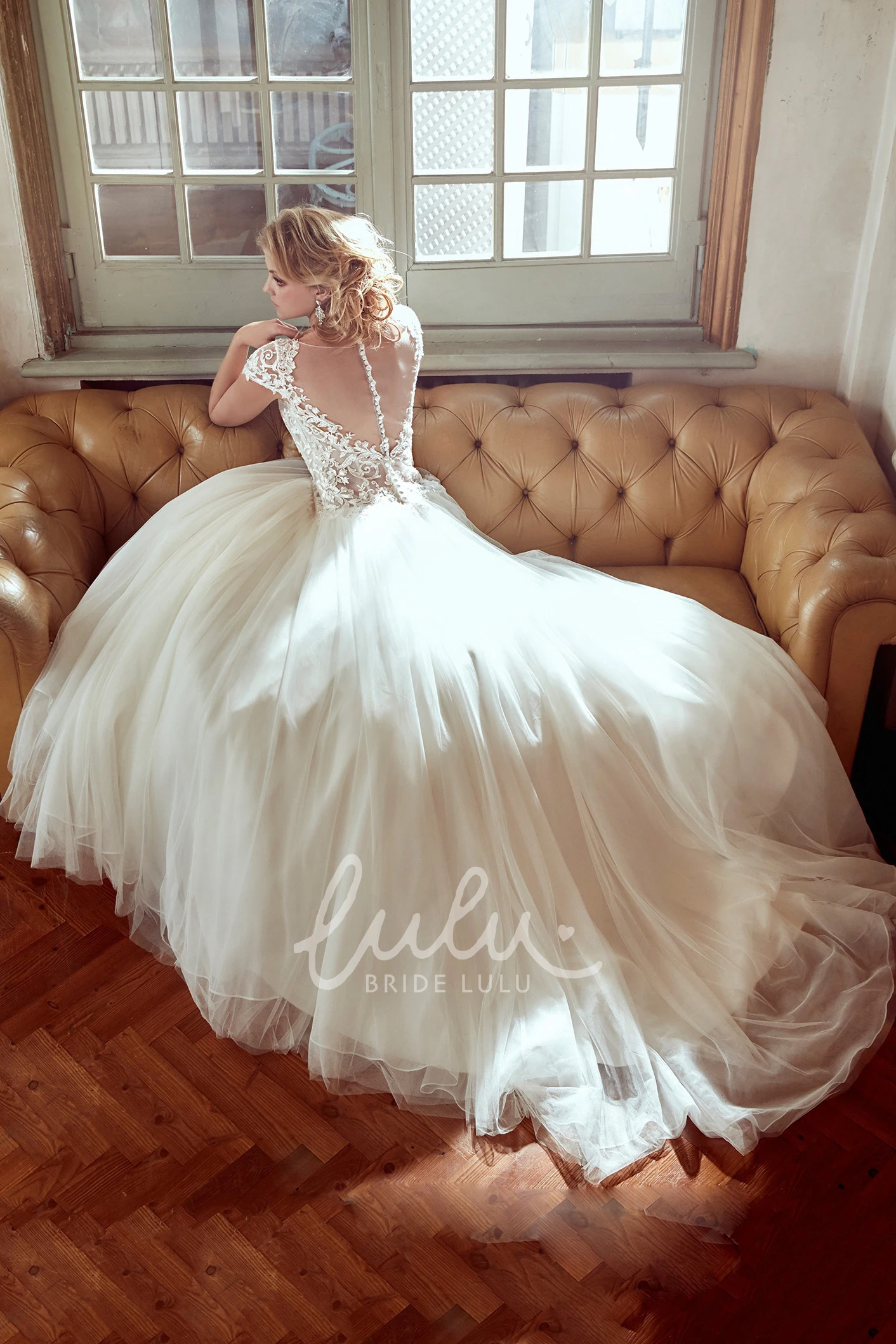 Cap-Sleeve V-Neck A-Line Wedding Dress with Lace Bodice and Illusive Back Classy Bridal Gown