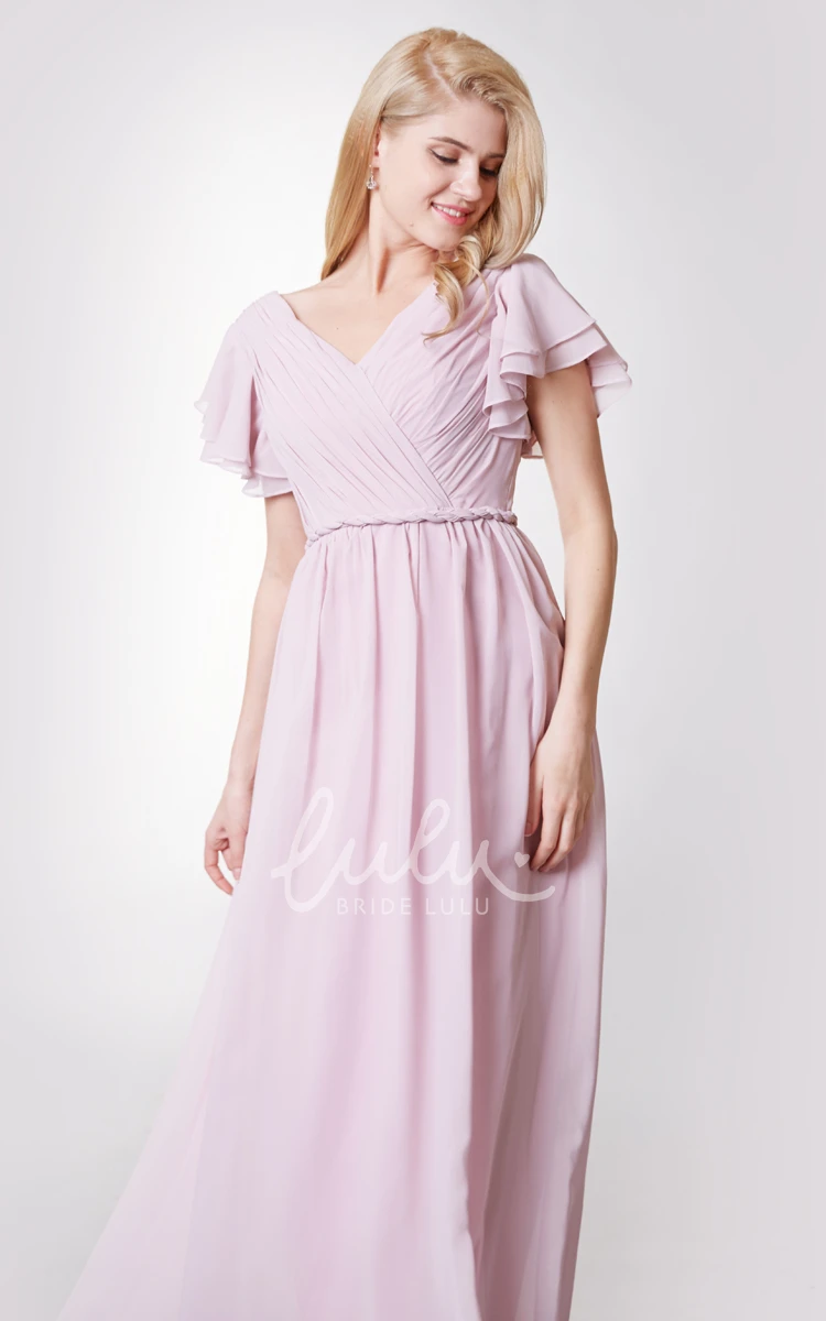 Long Empire Bridesmaid Dress with V-neck and Short Sleeves