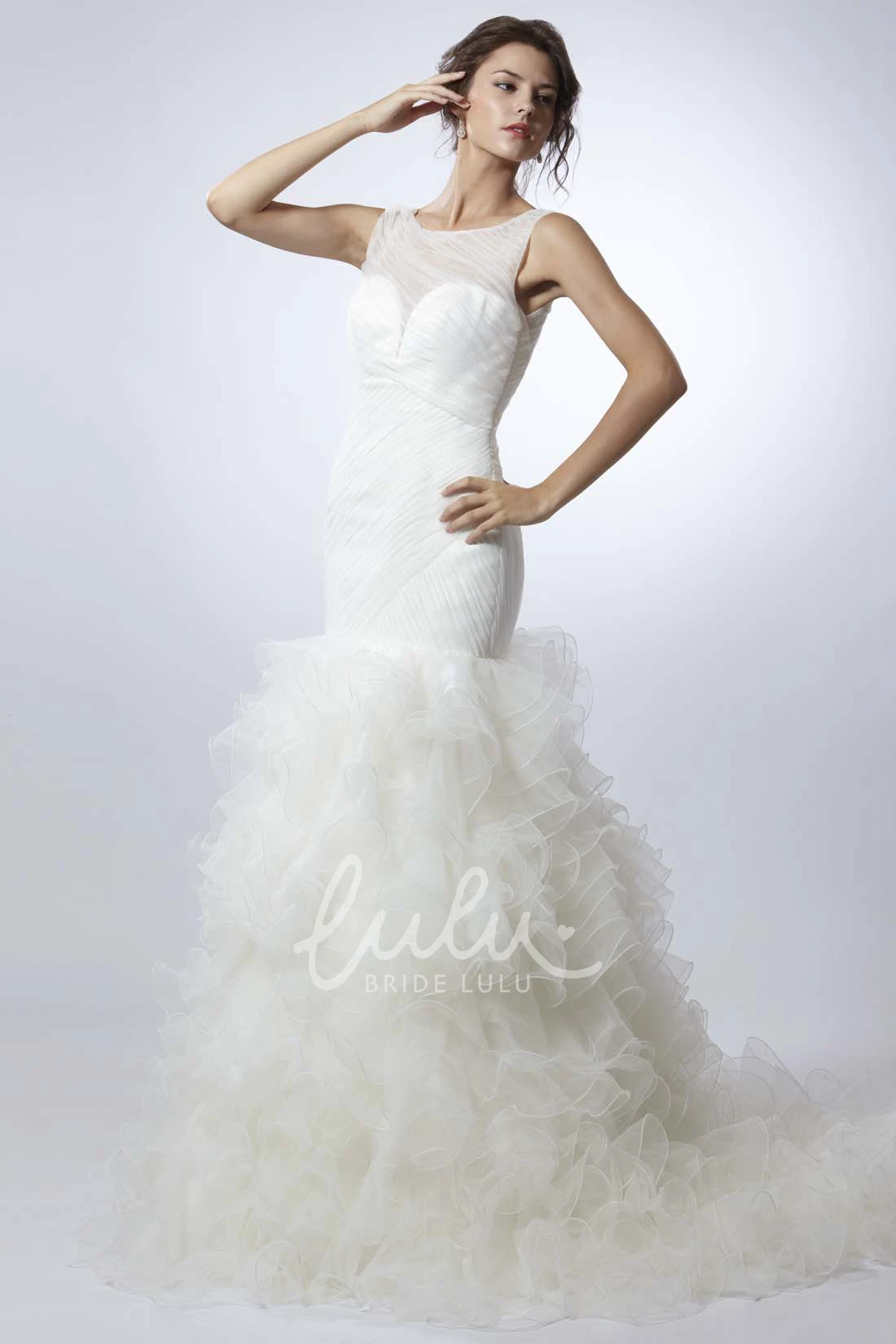 Sleeveless Ruffled Tulle Wedding Dress with Illusion Back Trumpet Style