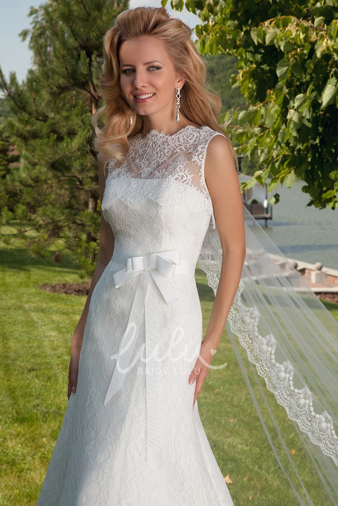 Sleeveless Lace A-Line Wedding Dress with Illusion Back and Court Train Classic Bridal Gown