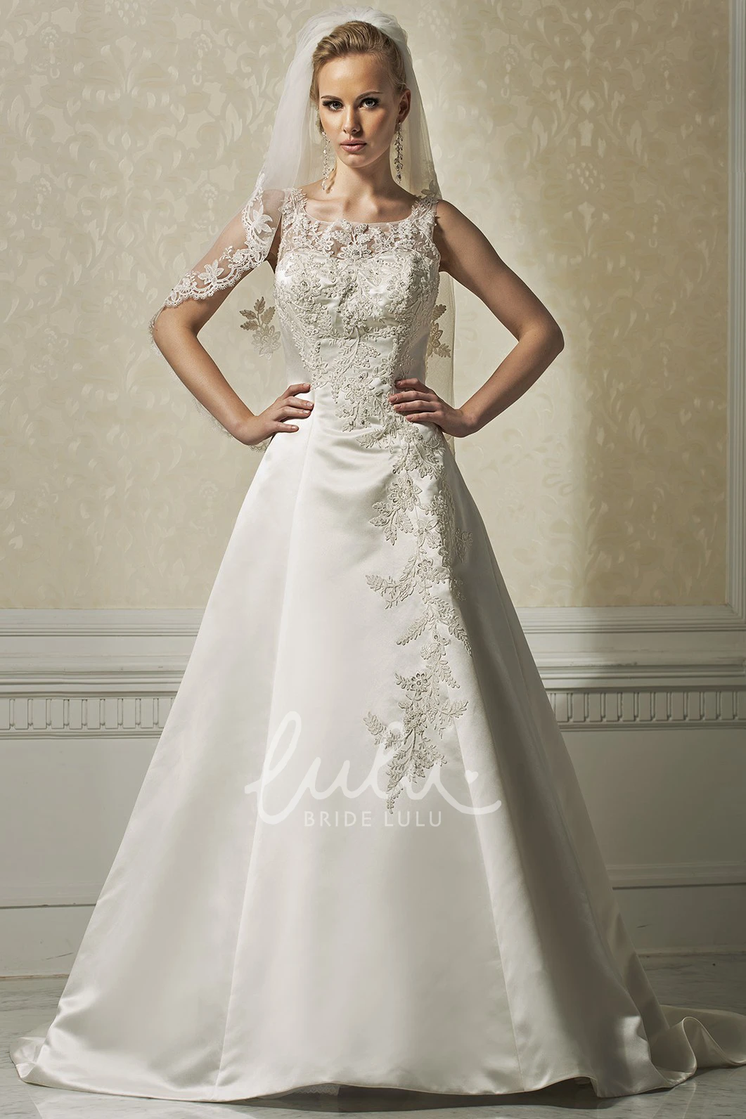 Sleeveless Satin A-Line Wedding Dress with Bateau Neck Timeless Wedding Dress