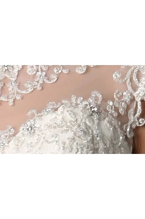 Bateau Lace Wedding Dress with Cap Sleeves Satin Sash and Keyhole Back