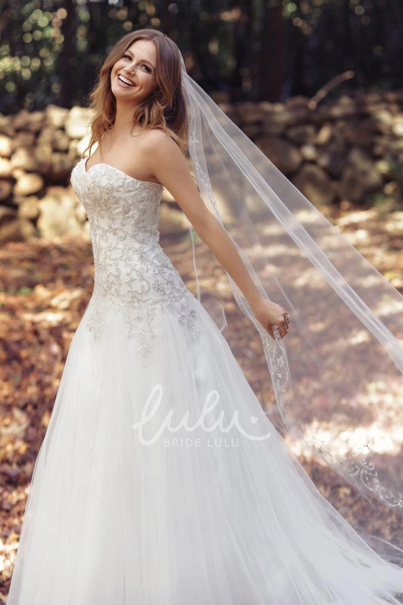 Long Tulle Wedding Dress with Corset Back and Crystal Detailing Sweetheart A-Line Dress