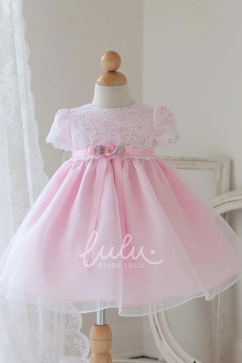 Bowed Lace & Organza Floral Dress with Ribbon Tea-Length Flower Girl Dress