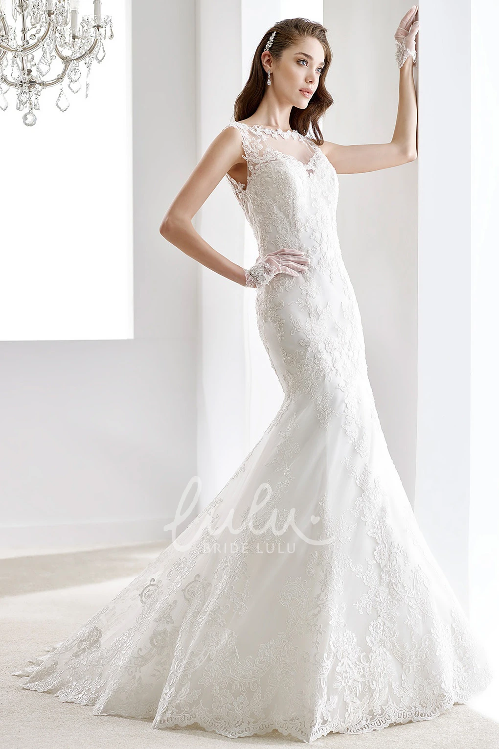 Lace Wedding Dress with Illusive Neckline and Brush Train Sheath Style