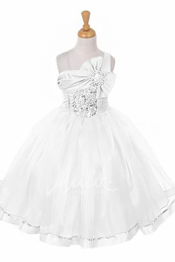 Sequin Organza Flower Girl Dress Tea-Length Tiered Broach Bowed