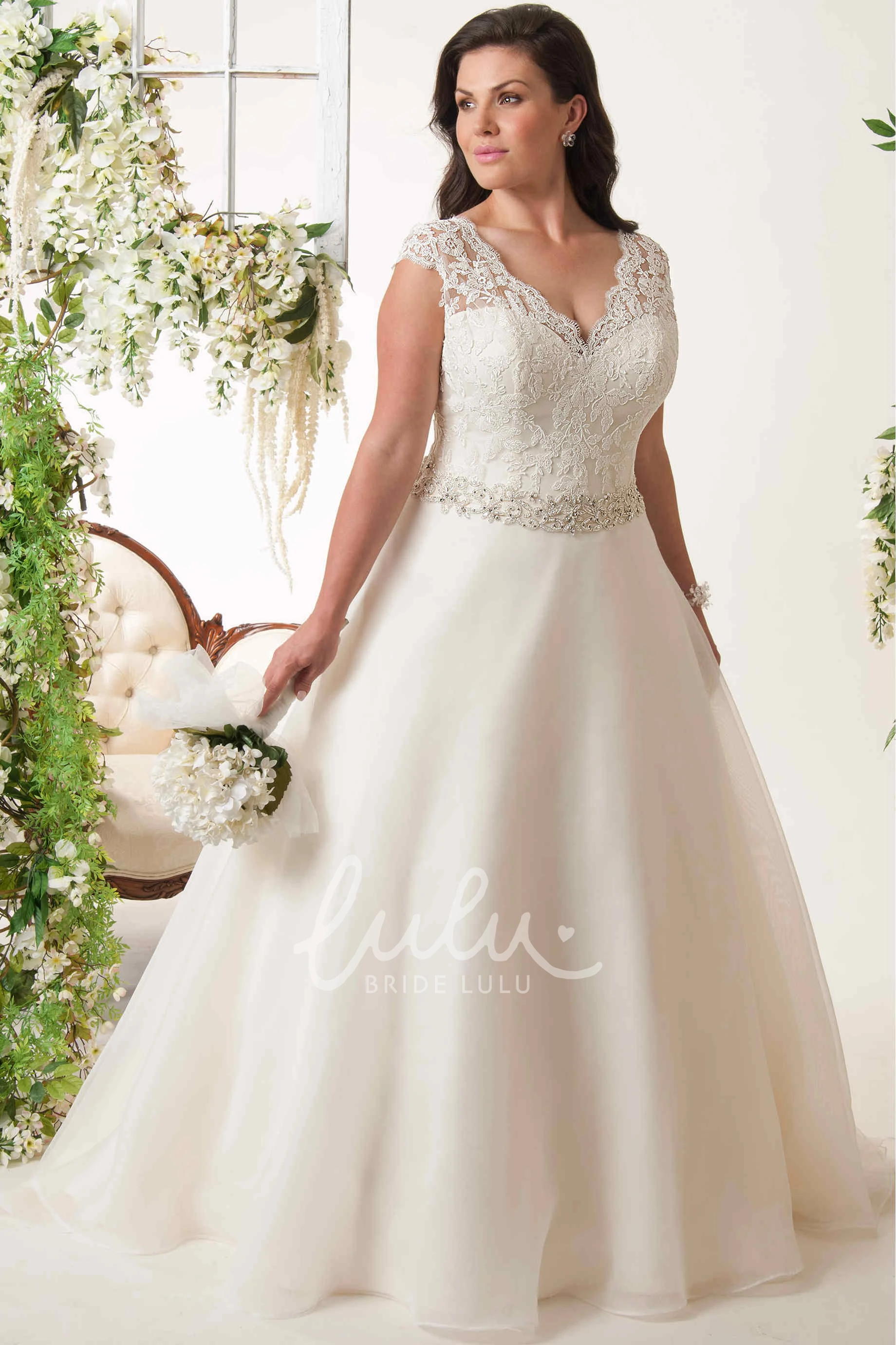 Plus Size A-Line Jeweled V-Neck Lace Wedding Dress with Keyhole Elegant 2025 Bridal Gown