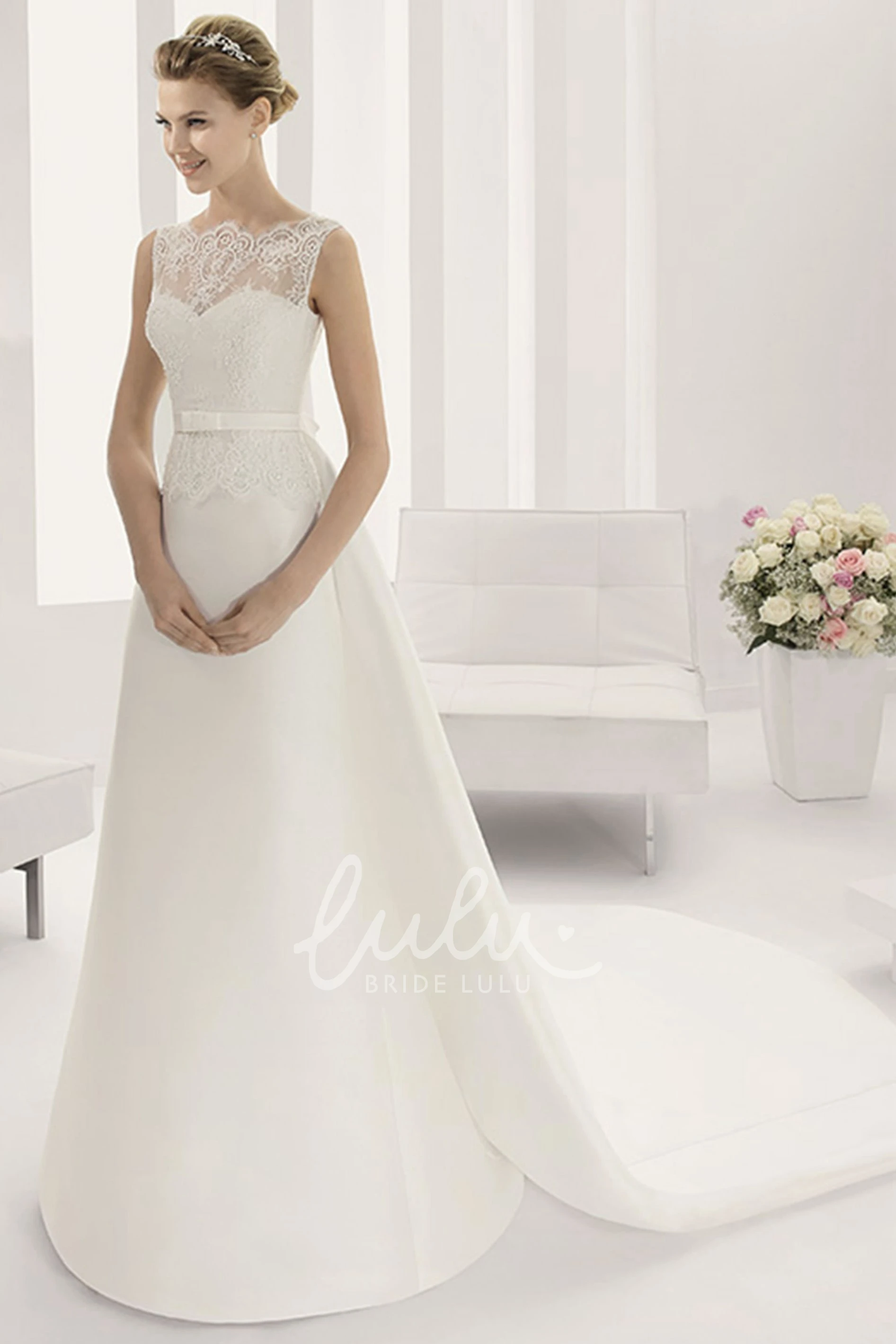 Satin Sheath Wedding Dress with Lace Top and Belt