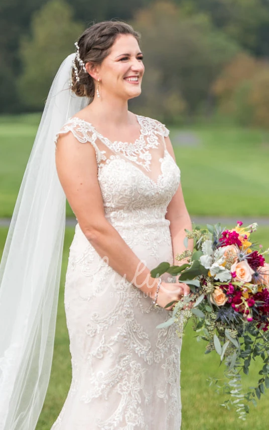 Modest Jewel Neckline Bridal Gown Illusion Lace Petals Back Garden Winter Wedding Dress