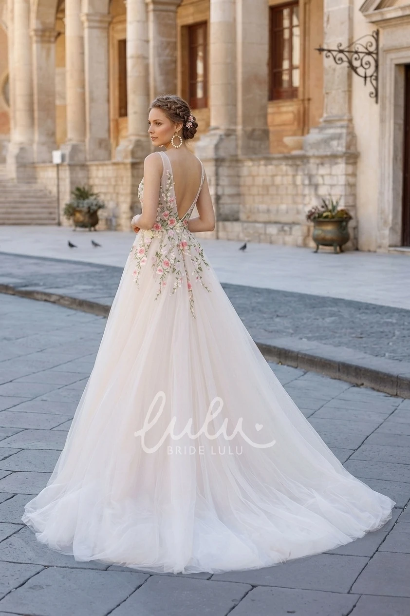 Elegant Sexy A-Line V-Neck Lace Tulle Spring Wedding Dress with Deep V Back and Flowers