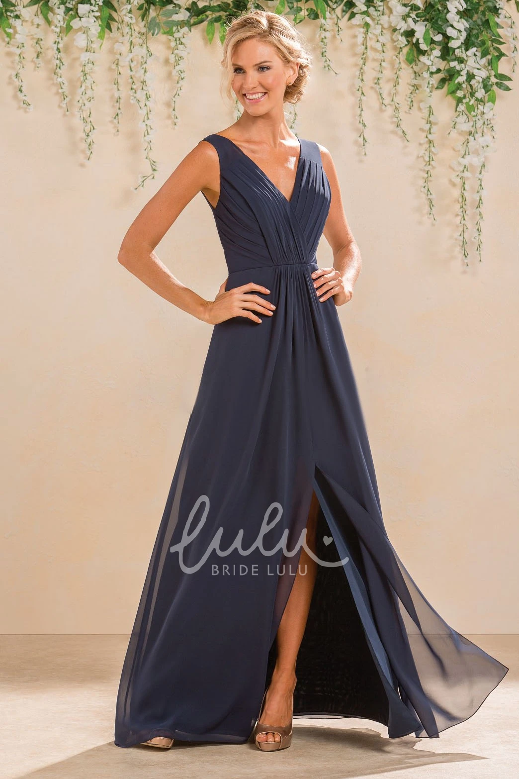 V-Neck Sleeveless A-Line Gown with Front Slit and V-Back Modern Bridesmaid Dress