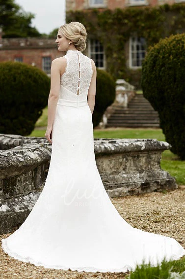 Court Train Floral Lace Wedding Dress with High Neckline
