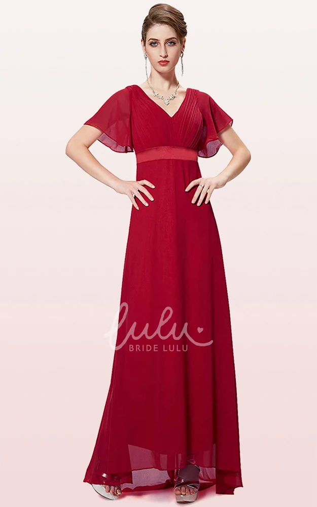 Romantic Chiffon V-neck A-line Prom Evening Dress with Ruffles and Short Sleeves Bridesmaid Dress