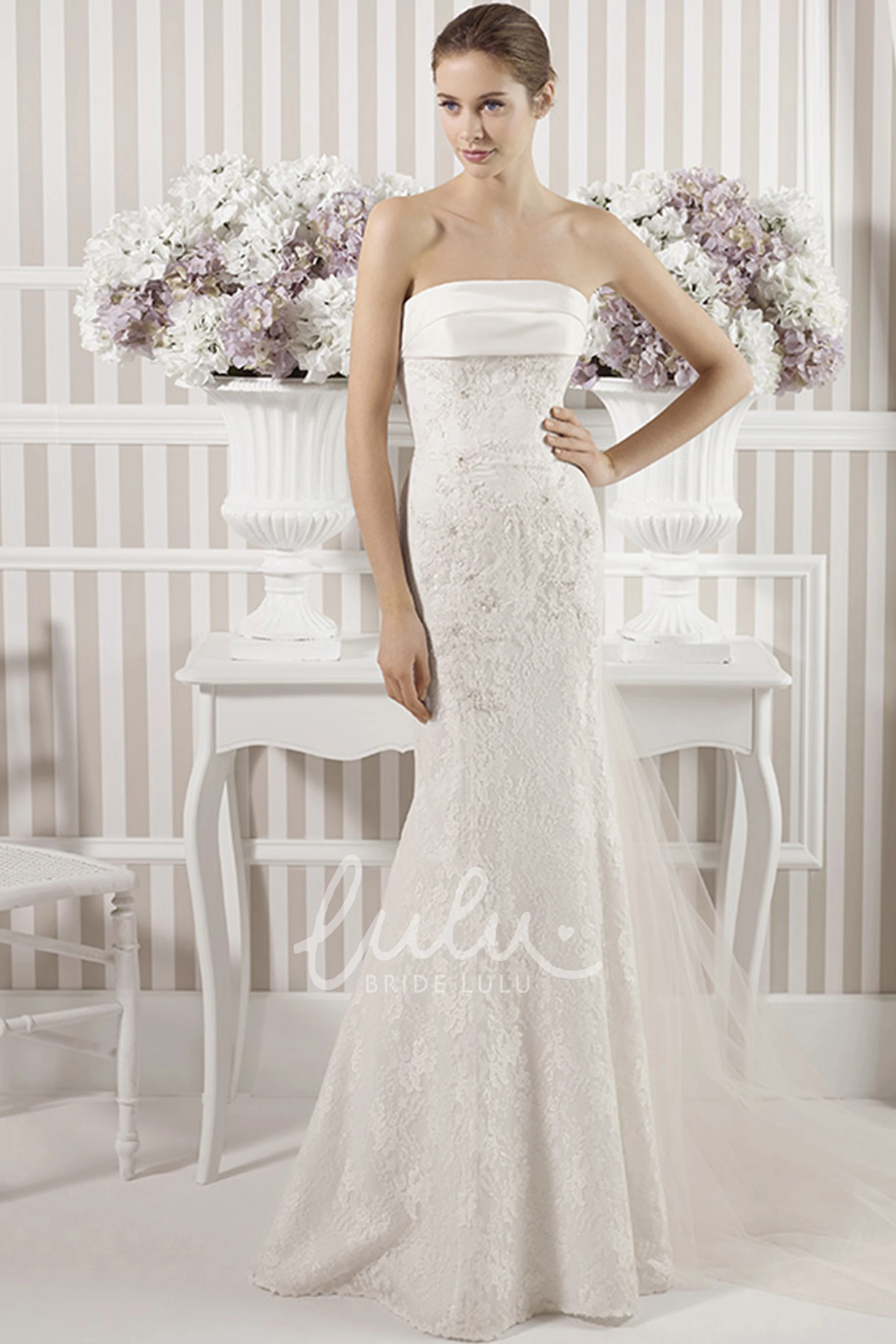 Strapless Lace Sheath Wedding Dress with Sweep Train and Backless Style Unique Wedding Dress