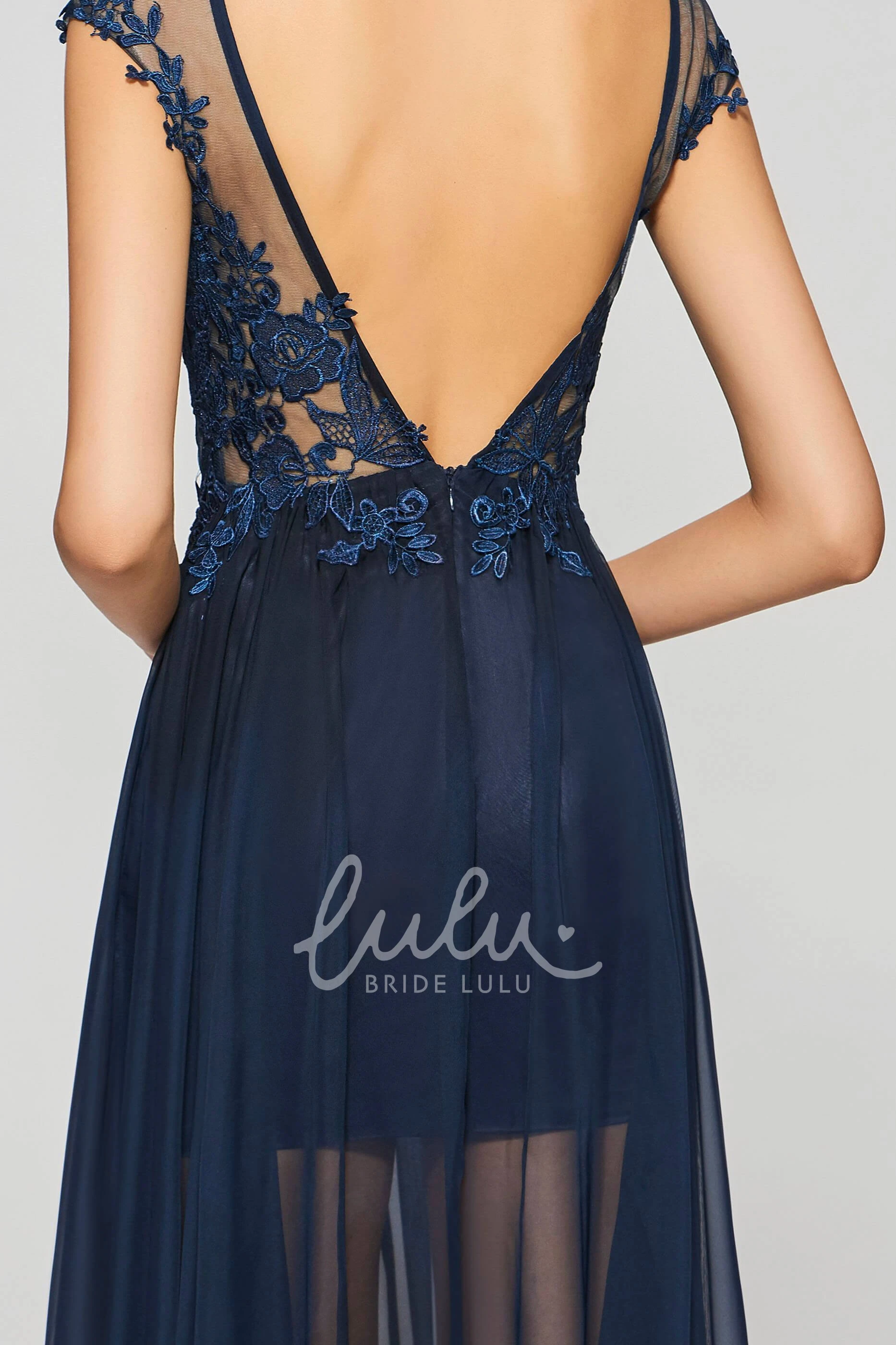 Sexy Split Front Bateau Chiffon Gown with Lace Applique A-line Deep V-back