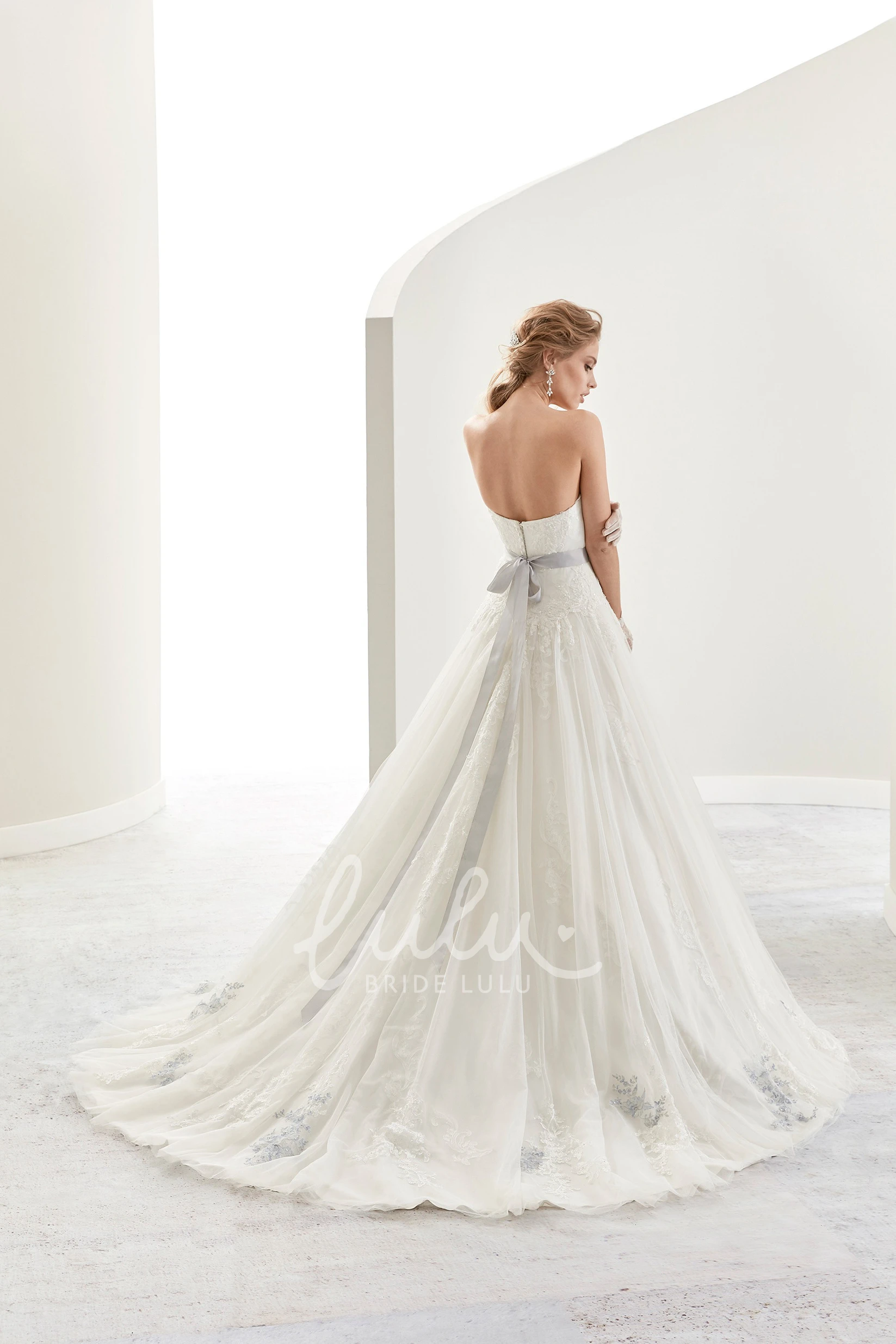 A-line Bridal Gown with Flower-sash and Fine Appliques