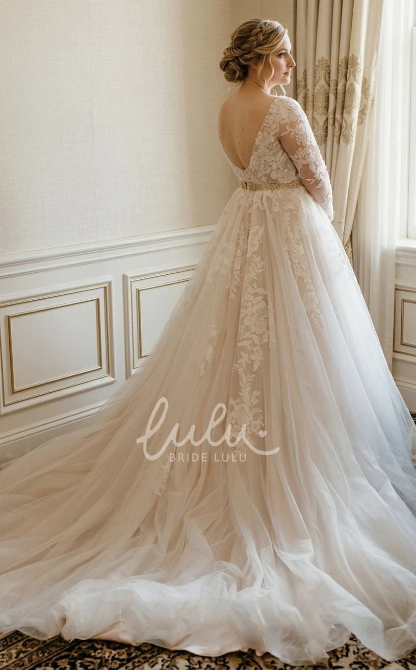 Elegant Tulle V-Neck Long Sleeve Spring Wedding Dress with Appliques & Floor-Length