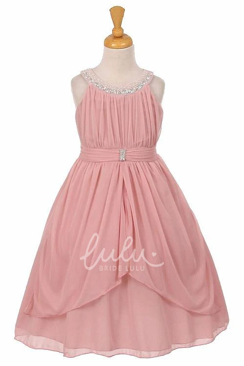 Tiered Chiffon & Tulle Flower Girl Dress with Ribbon Tea-Length Peplum Style