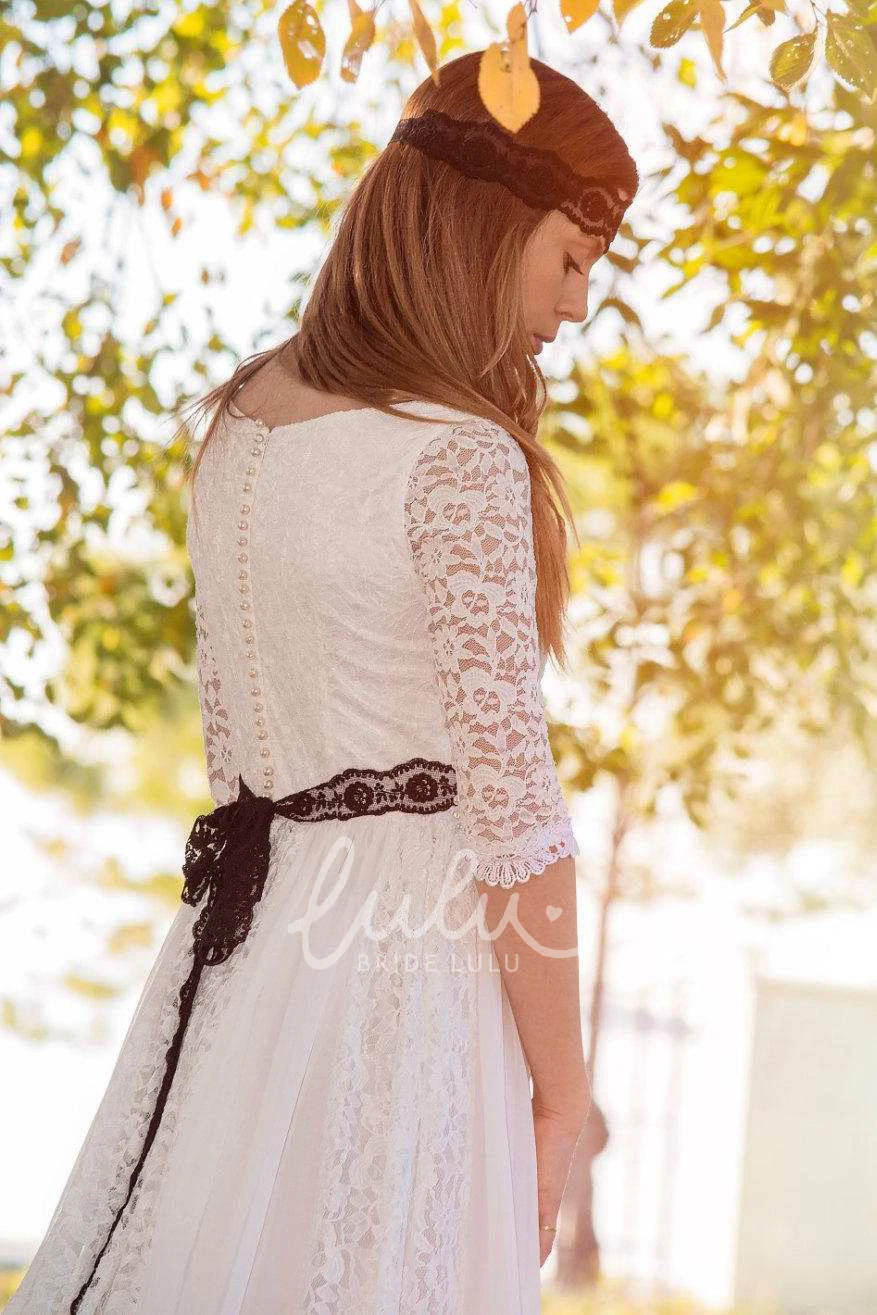 Half Sleeve Lace Ribbon Wedding Dress with Bateau Neckline