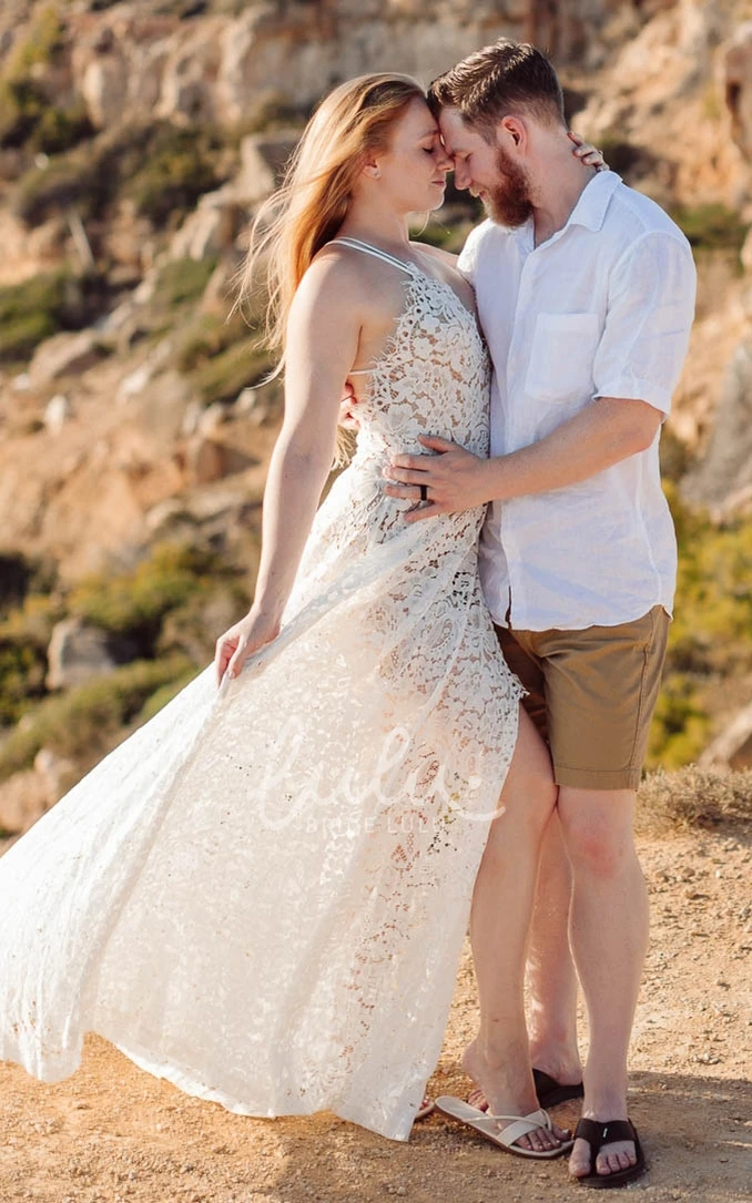 Casual Beach Garden Spaghetti V-neck Lace A-line Wedding Dress with Split Front Boho Wedding Dress
