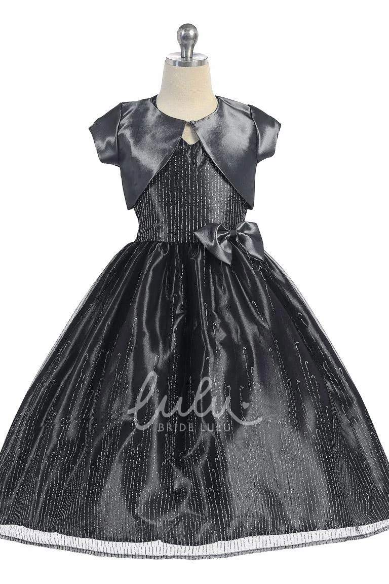 Tea-Length Tulle&Taffeta Flower Girl Dress with Split & Bow