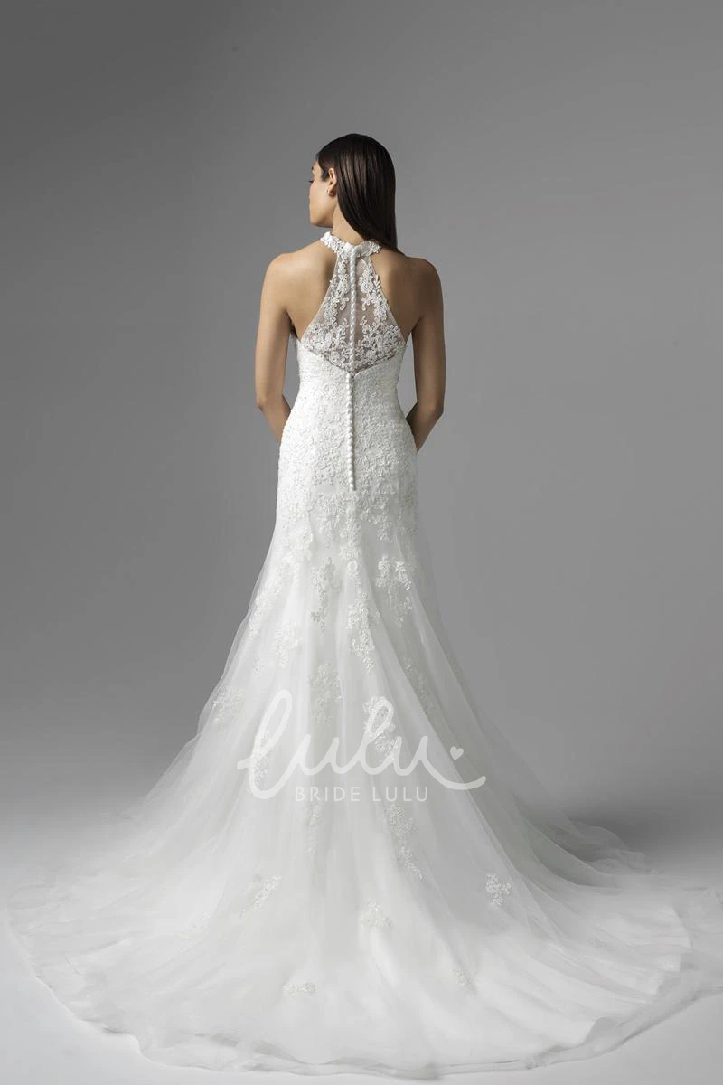 Lace Appliqued High Neck A-Line Wedding Dress with Court Train Elegant Bridal Gown