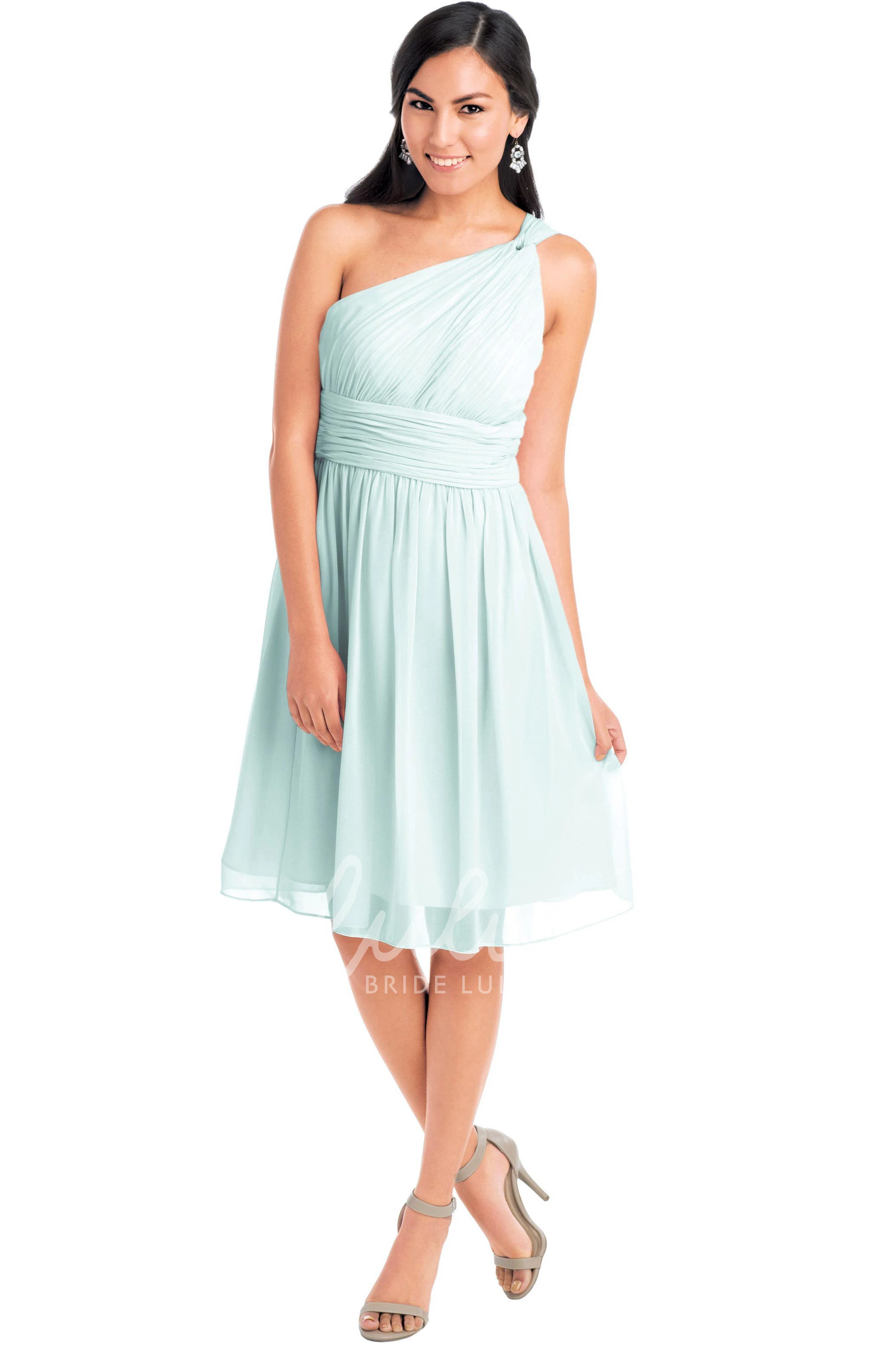 Knee-Length One-Shoulder Ruched Chiffon Convertible Bridesmaid Dress Sleeveless Muti-Color Straps