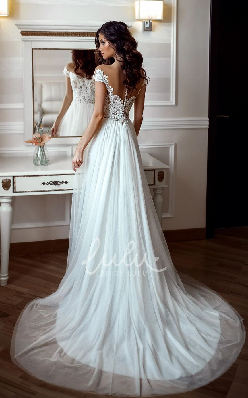 Off-the-shoulder Chiffon A Line Wedding Dress with Sweep Train Casual and Stylish