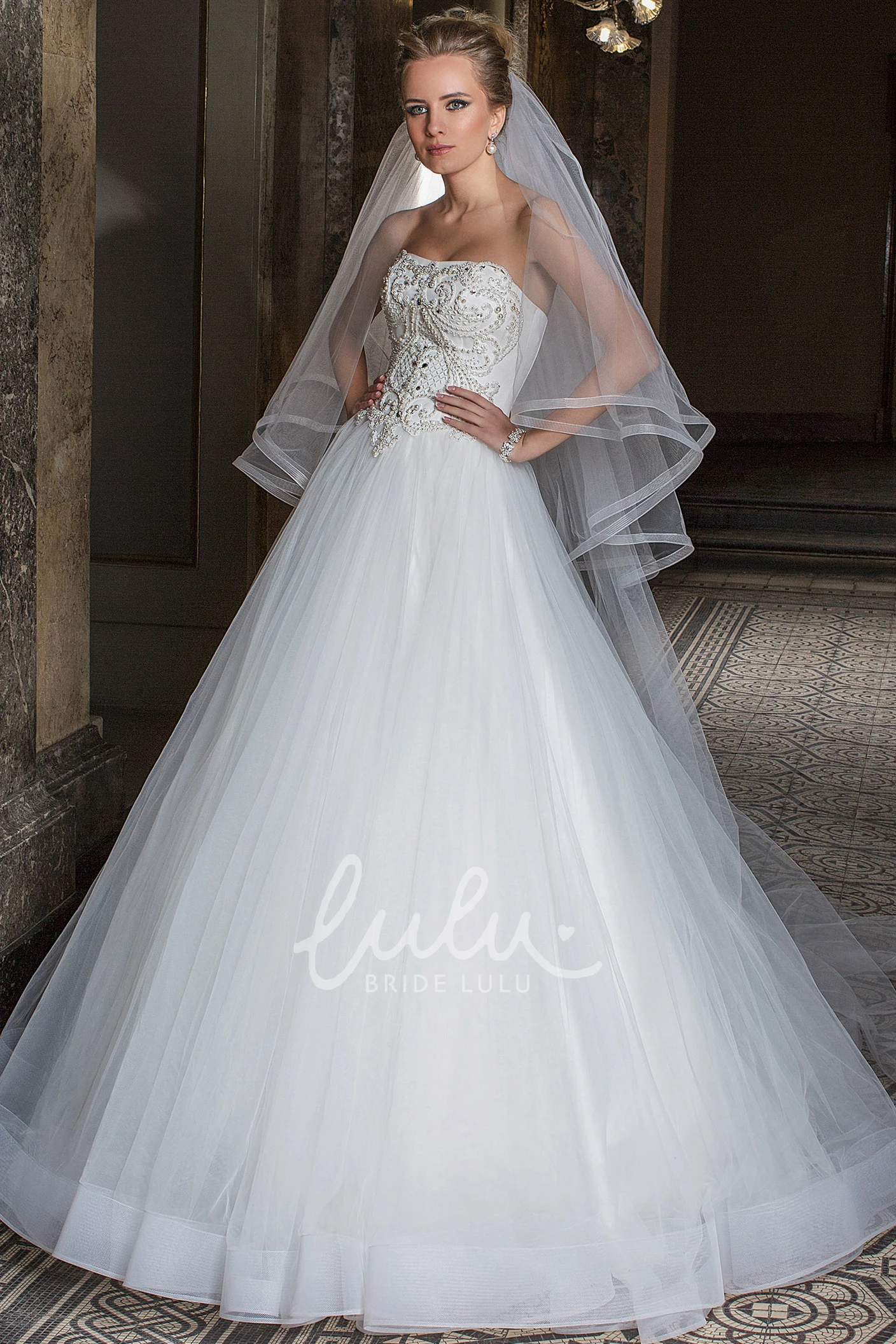 Strapless Beaded Tulle Wedding Dress with Pleats Floor-Length