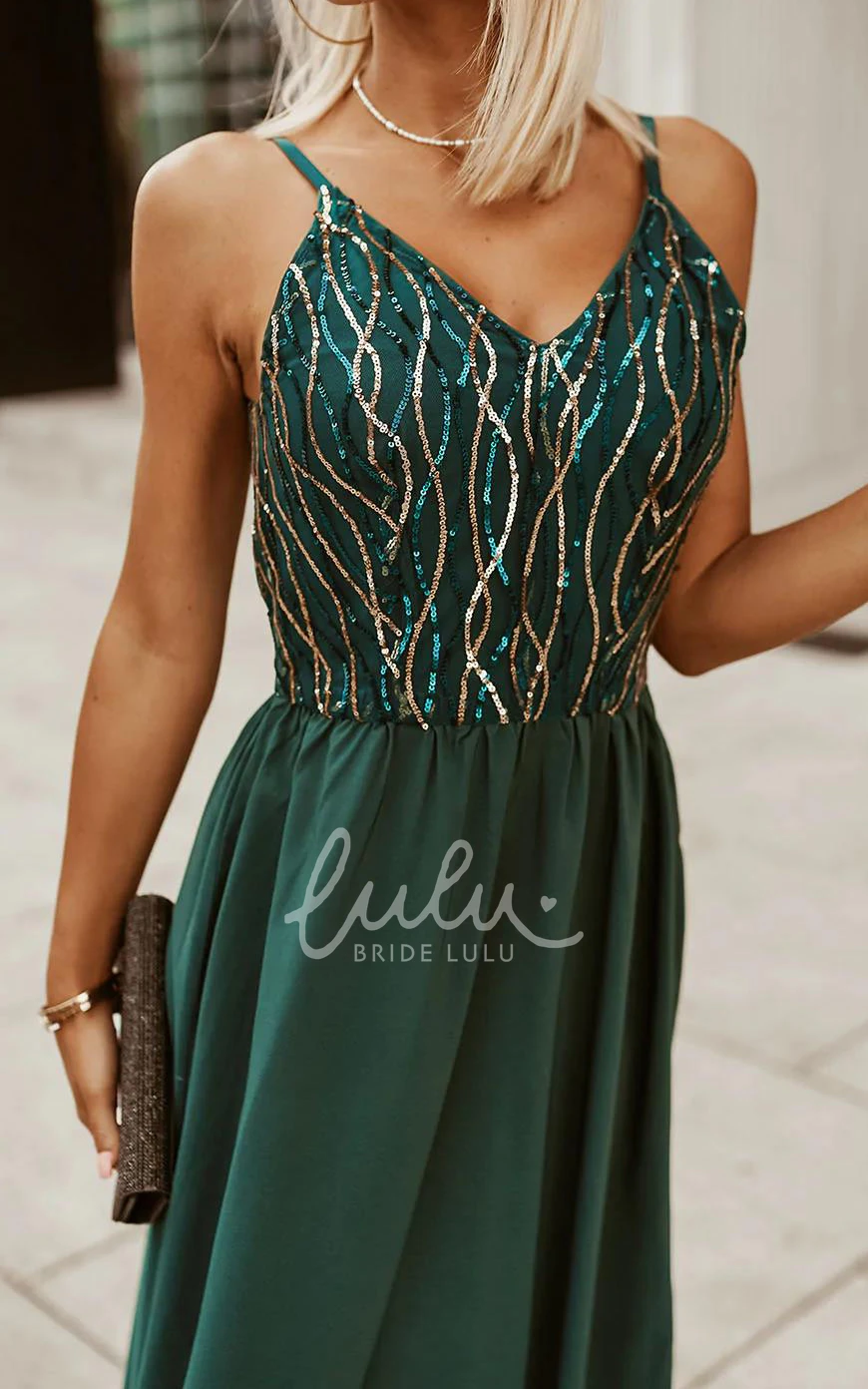 V-Neck Sequin Formal Dress with Zipper Back Romantic Prom Dress