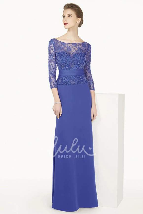 Lace Top Bateau Sleeve Long Prom Dress with Back Keyhole
