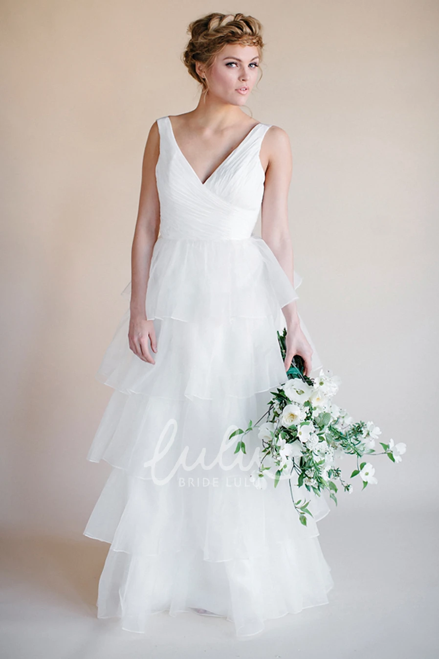 Organza V-Neck Wedding Dress Sleeveless Tiers & Backless Design Elegant