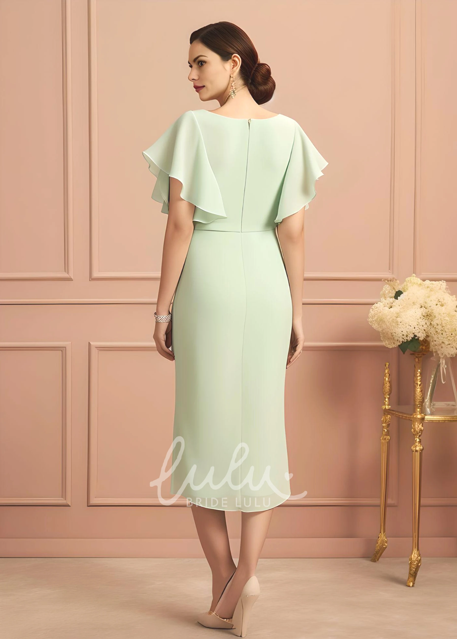 Bohemian Chiffon Sheath Mother of the Bride Dress Elegant Tea-length V-neck