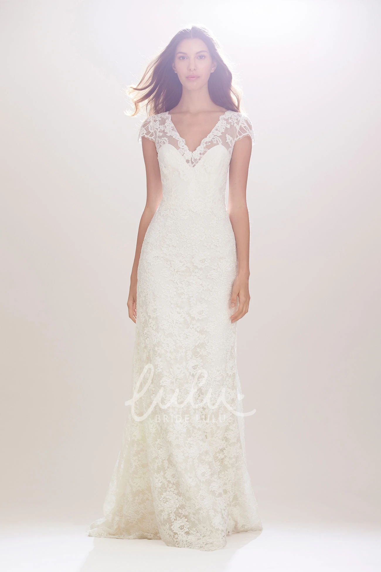Illusion Cap-Sleeve Lace Wedding Dress with Ribbon Sheath Style for Brides