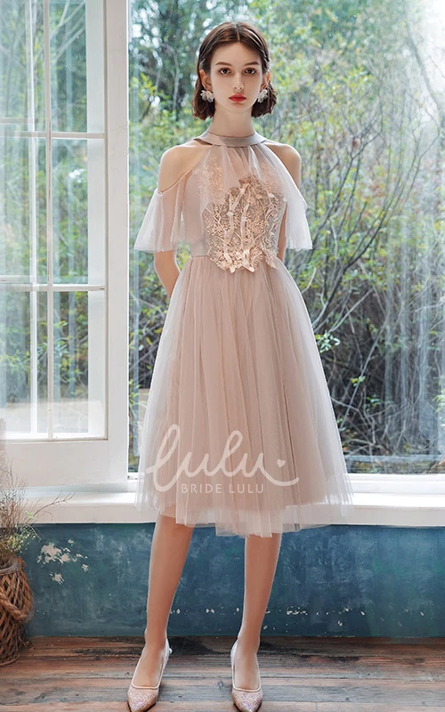 Tulle Bateau Halter A-Line Prom Dress with Appliques