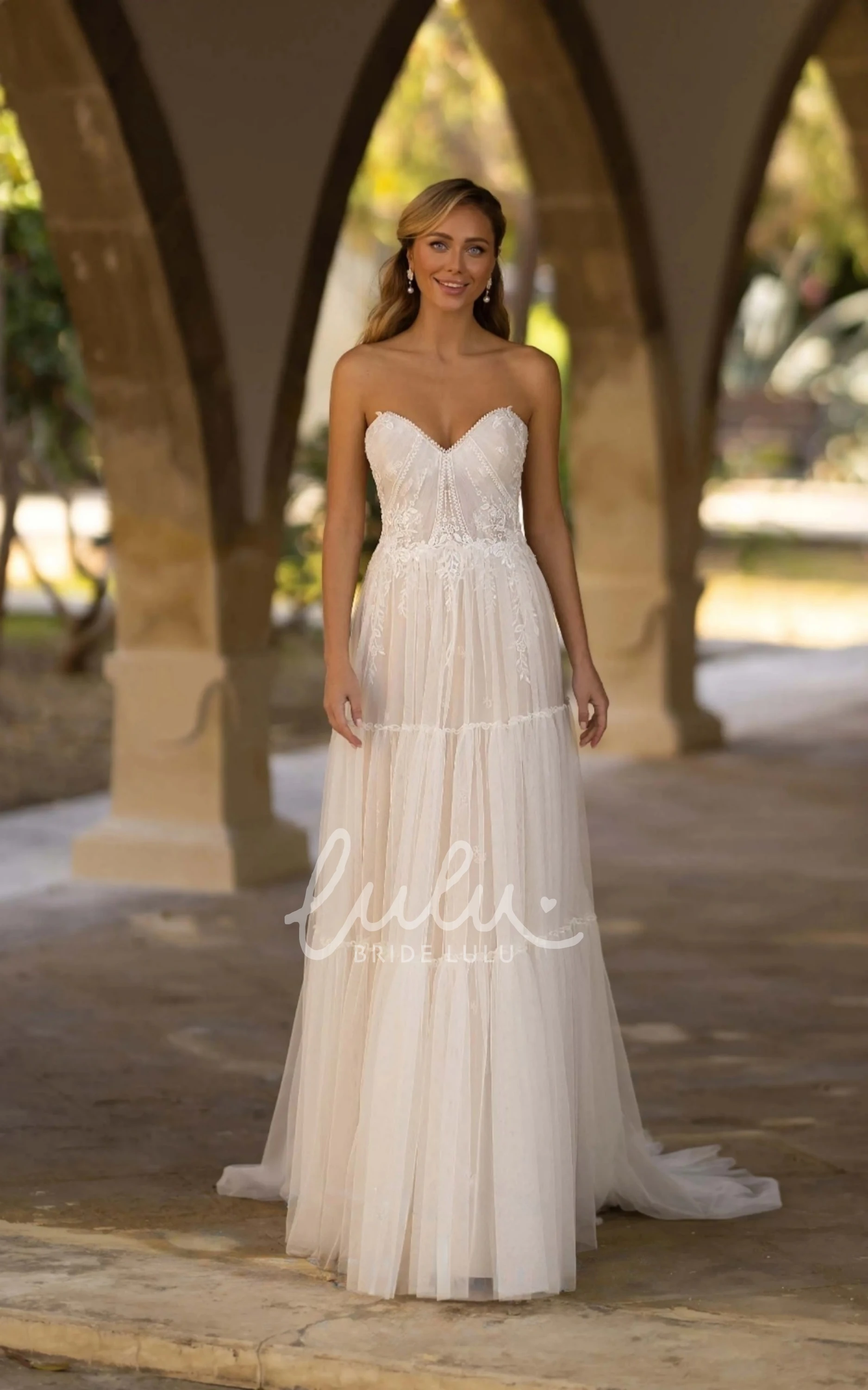 Bohemian Sheath Bridal Dress Strapless Garden with Button Back Brush Train