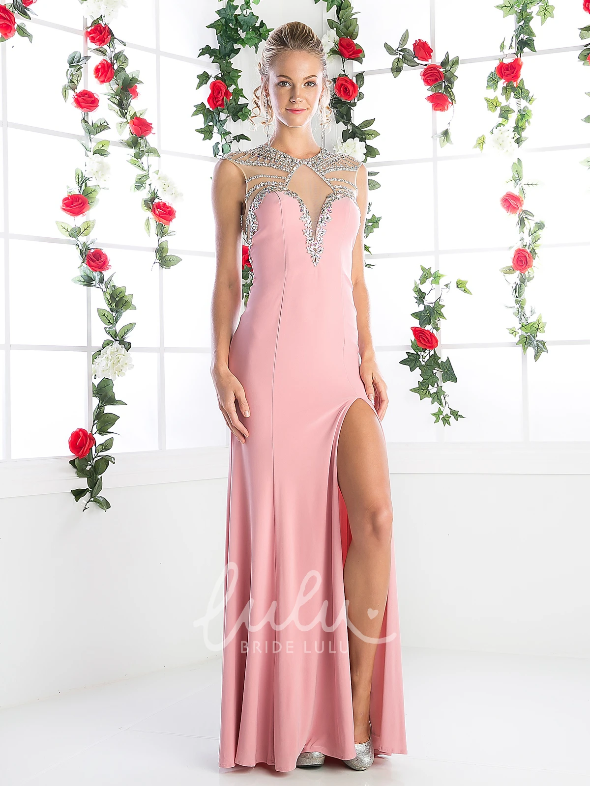 Sleeveless Beaded Sheath Dress with Split Front and Illusion Neckline