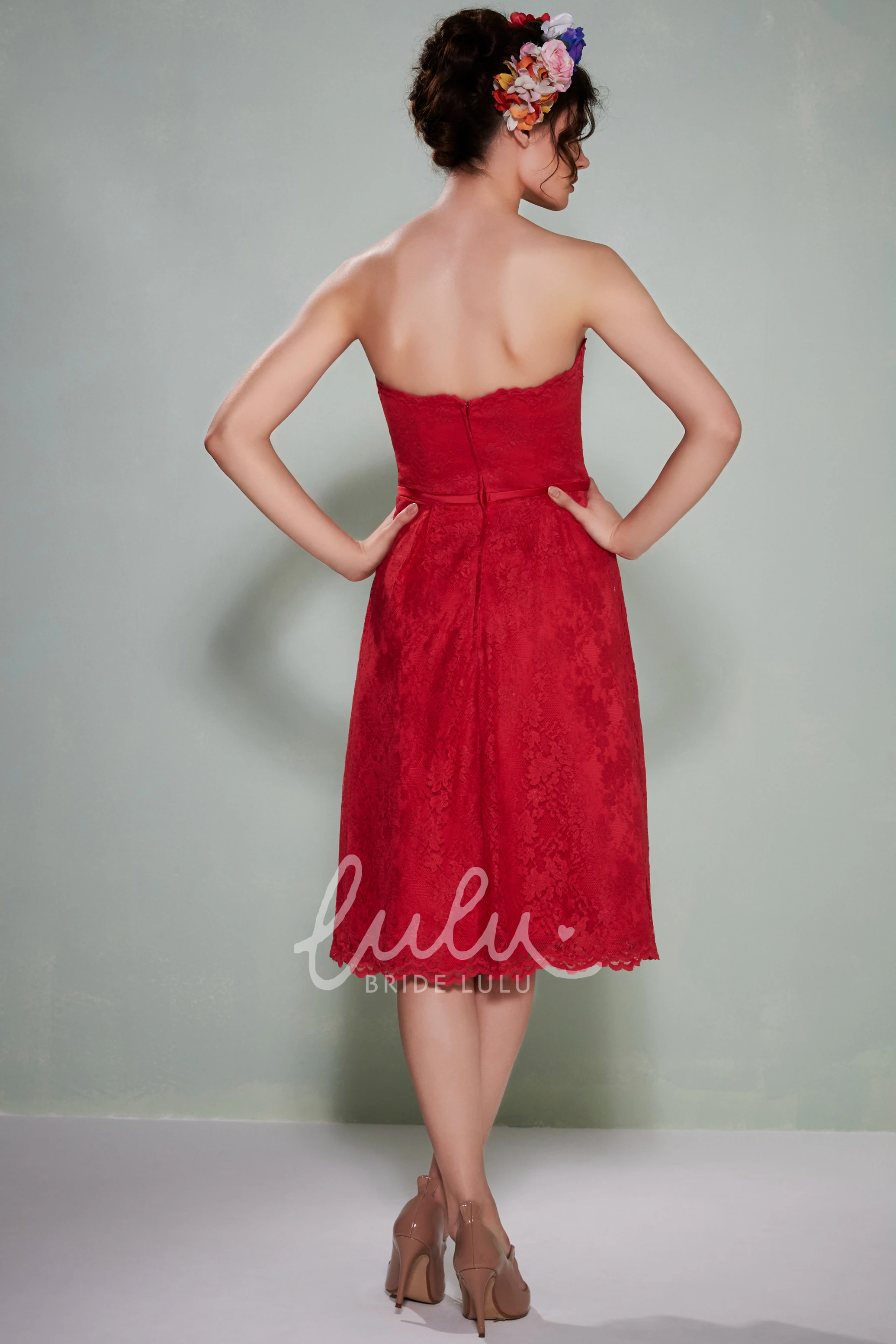 Lace Bridesmaid Dress with Strapless Tea-Length Design