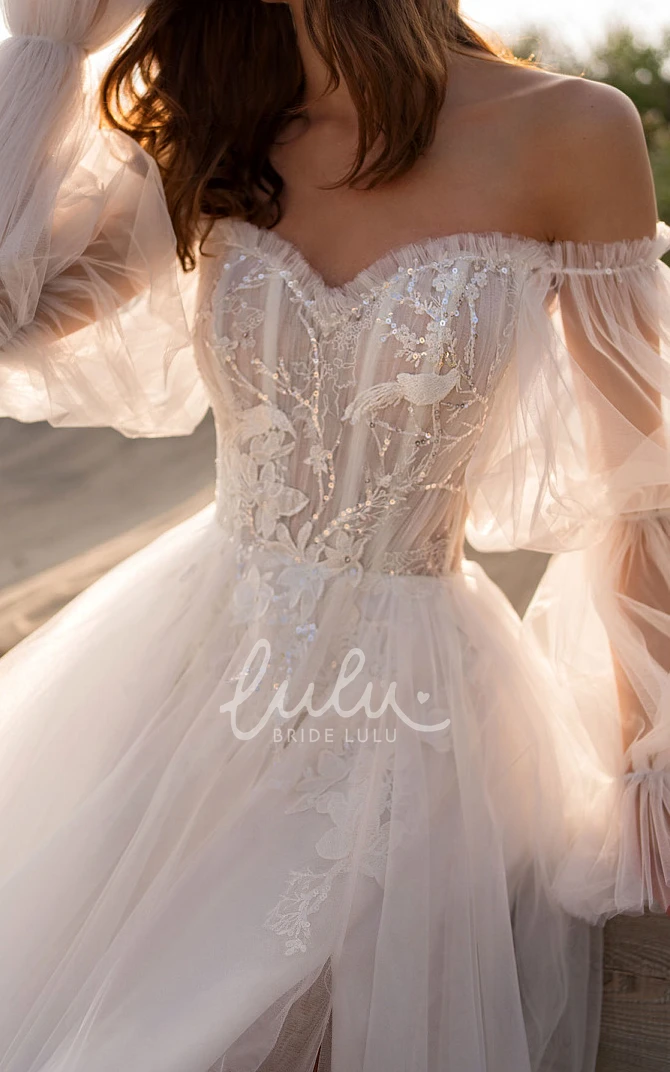 Sparkly Flowy Detachable Long Sleeve Fall Autumn A-Line Wedding Dress Ethereal Sexy Split Front Sweetheart Beach Country Garden Bridal Gown