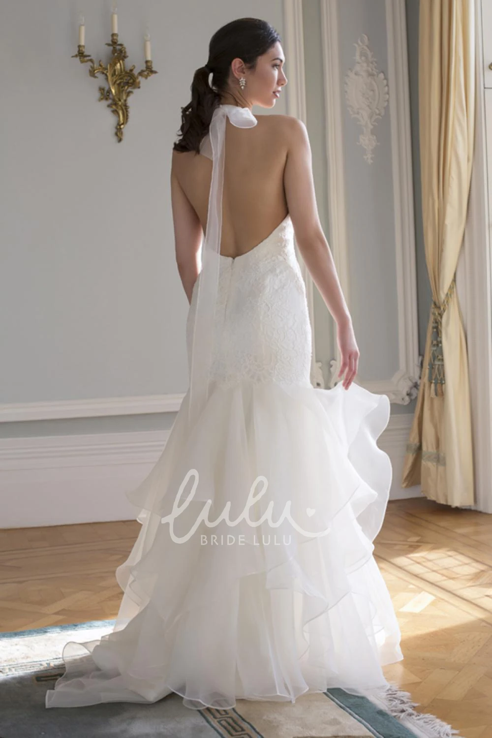 Halter Organza&Lace A-Line Wedding Dress Floor-Length Bridal Gown