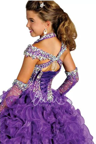 Halter Ball Gown Flower Girl Dress with Illusion Sleeves and Beading