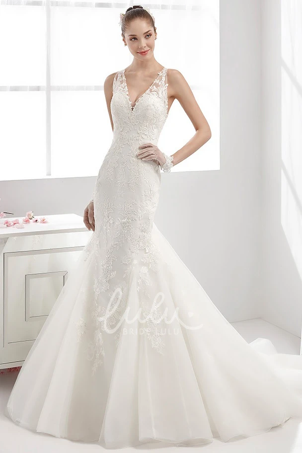 Lace Mermaid Wedding Dress with Illusive Straps and Brush Train